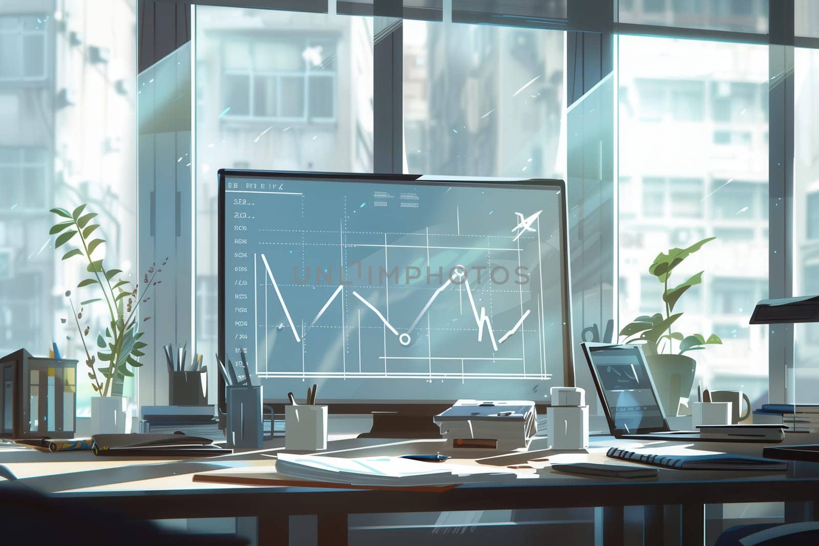 A contemporary office setting fills with sunlight through large windows, showcasing a computer screen displaying financial data and a tidy workspace.