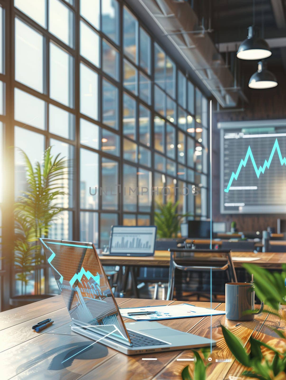 A sleek office environment with large windows allowing natural light, showcasing charts on screens and a well-organized workspace.