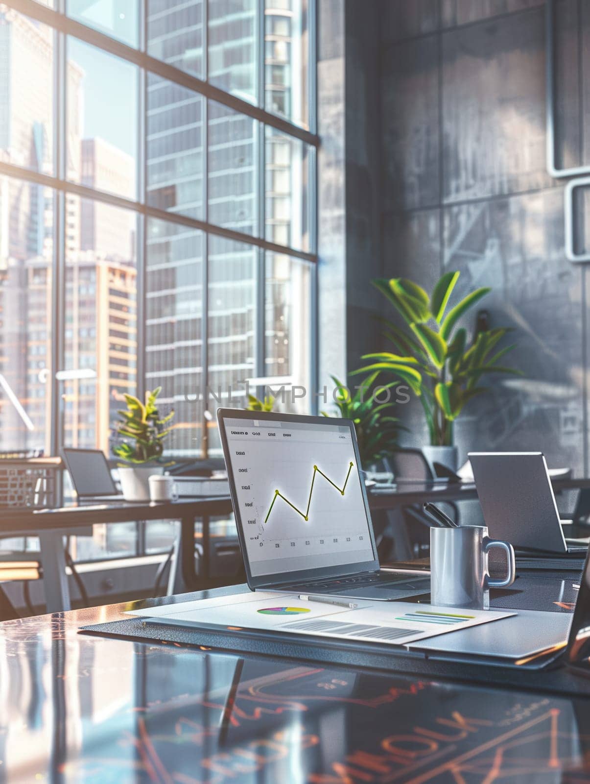 A sleek office features a laptop displaying graphs, a coffee mug, and plants, all illuminated by natural light streaming through expansive windows.