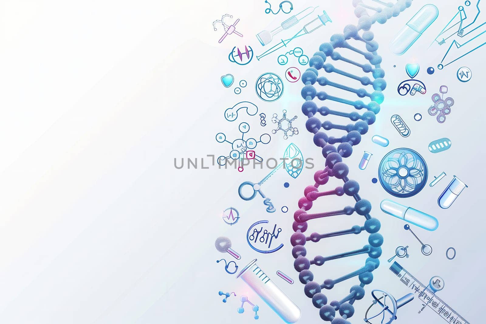 A double helix DNA strand is showcased with various medical icons representing laboratory tools and biological research, highlighting advancements in science.
