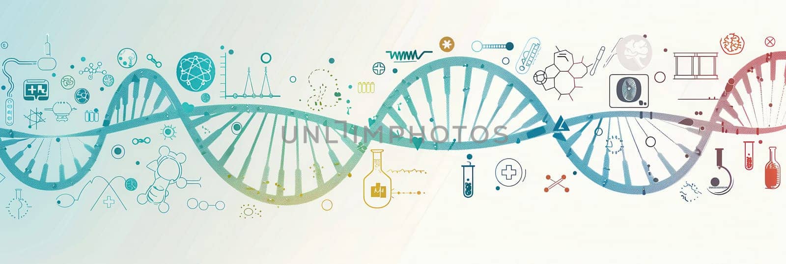 A double helix DNA strand is depicted surrounded by medical icons including microscopes, test tubes, and stethoscopes, illustrating scientific exploration.