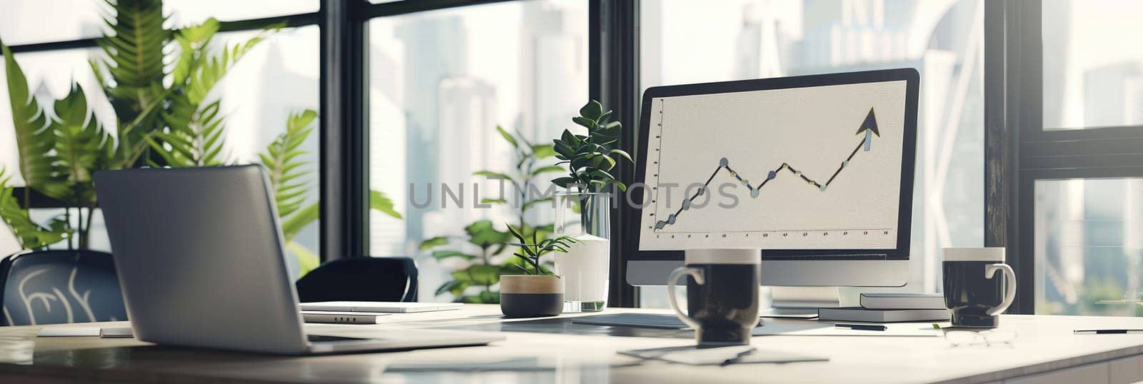 A sleek office features large windows allowing natural light, with a computer displaying a growth chart, greenery, and coffee cups on the wooden desk.