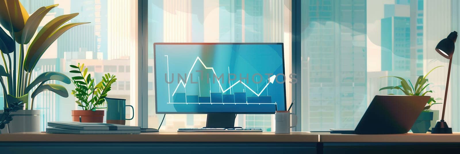 Stylish office features large windows, plants, and a computer displaying business growth charts, creating a productive and inviting work environment.