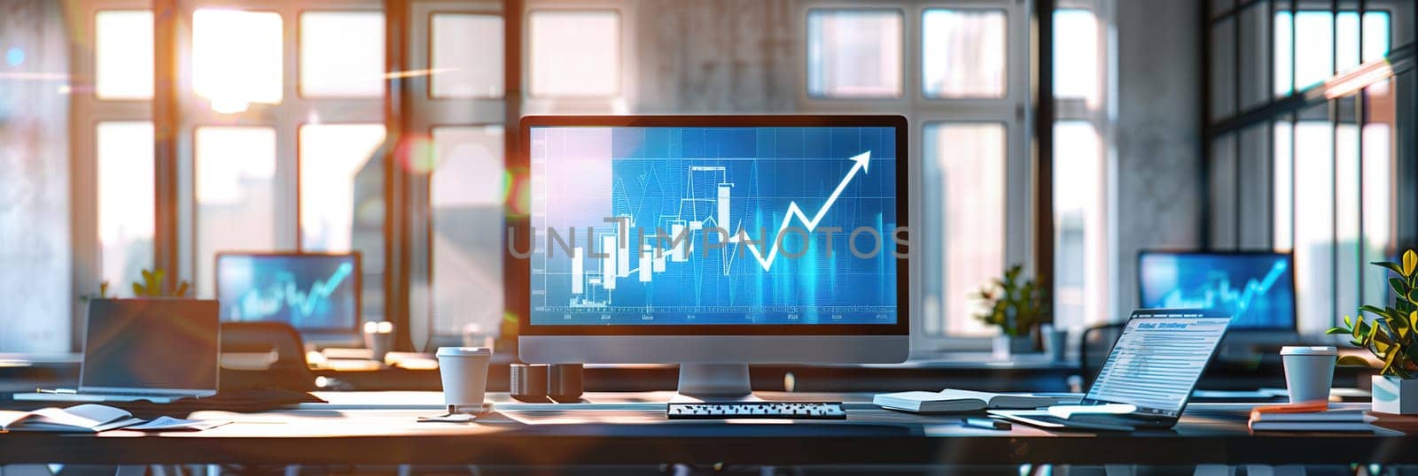 A bright office is filled with natural light from large windows, showcasing multiple monitors displaying upward-trending charts.