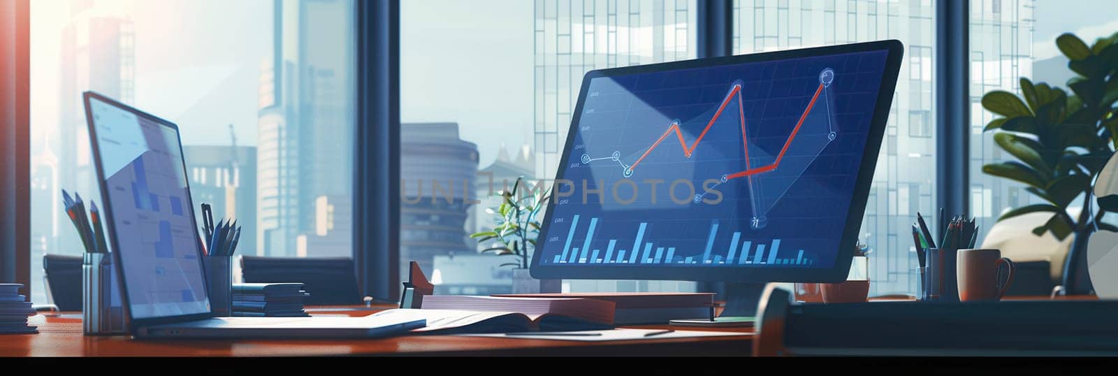 A bright, contemporary office showcases large windows, sleek monitors displaying data, and a bustling city skyline in the background.