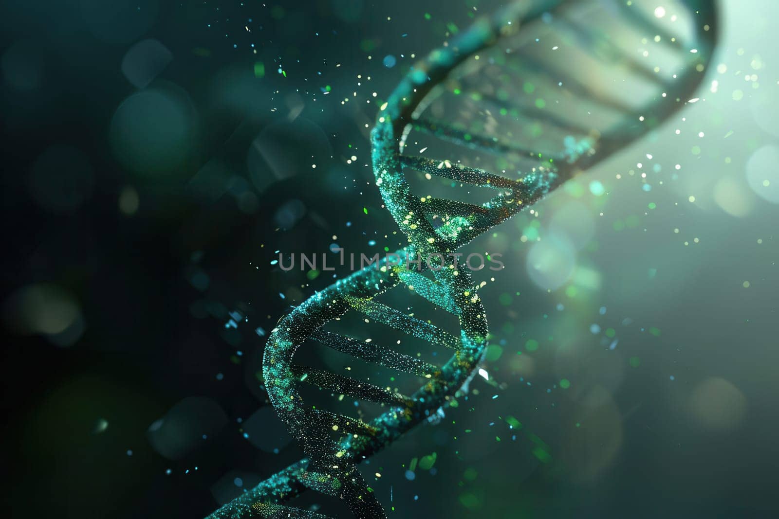A colorful double helix structure of DNA is depicted against an abstract background, surrounded by shimmering particles creating a dynamic scientific atmosphere.