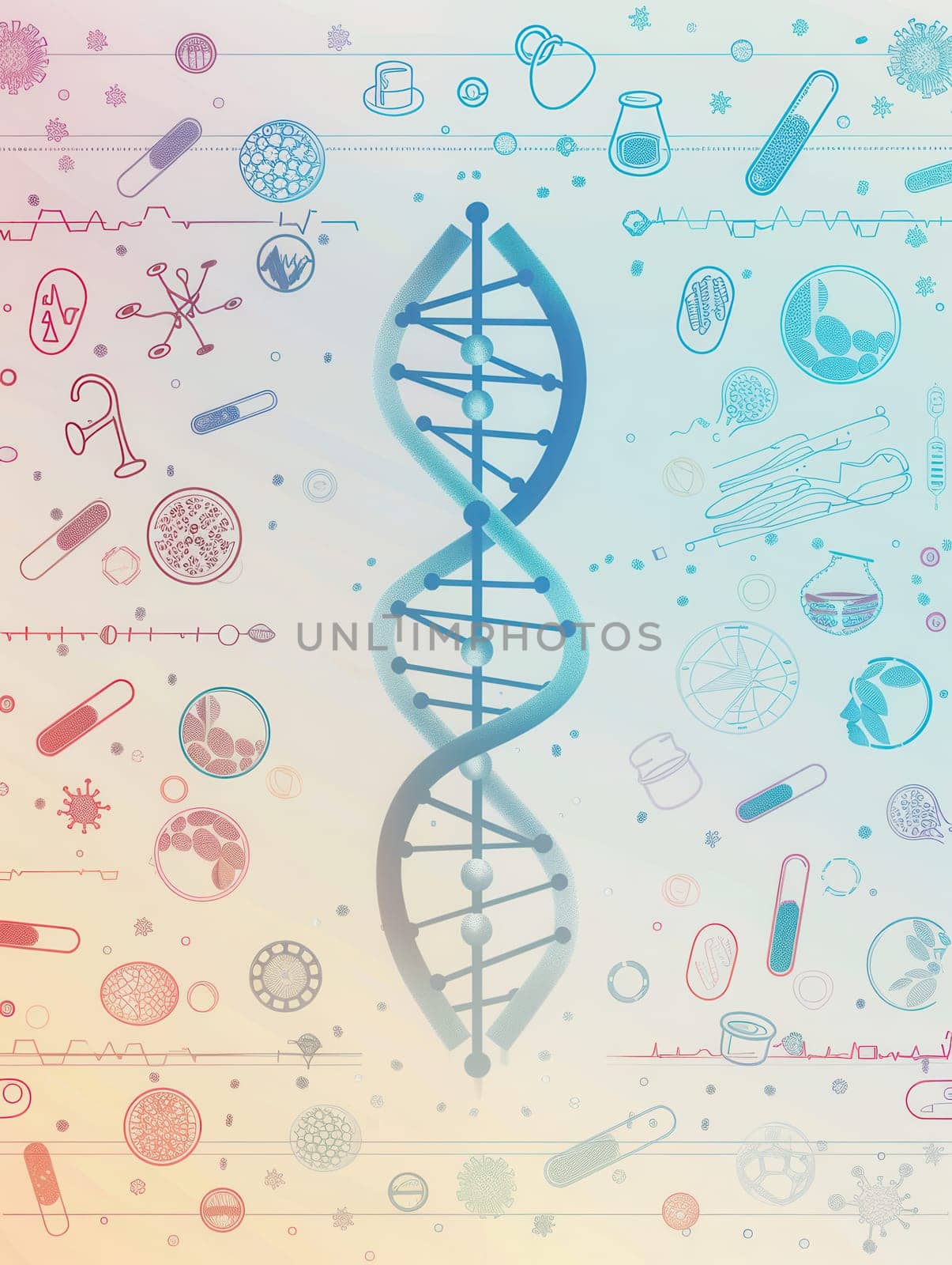A double helix DNA strand is illustrated, surrounded by various medical icons representing scientific tools and research in a lab environment.