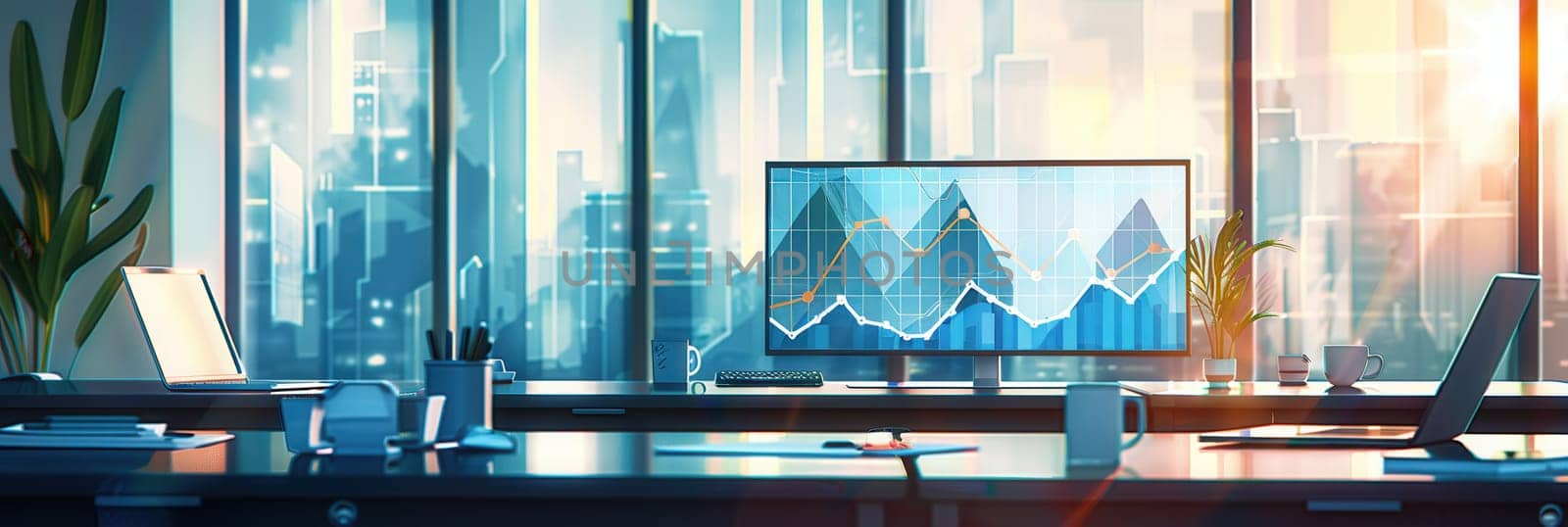 Natural light fills a contemporary office where large windows showcase a city view, complemented by advanced technology for tracking business metrics.