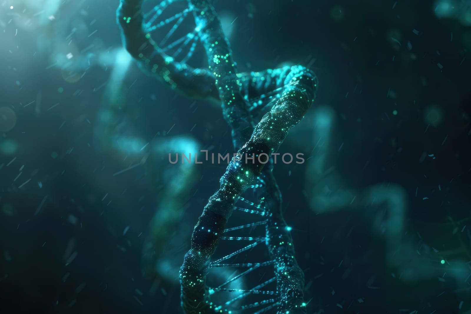 A captivating double helix of DNA floats gracefully in an abstract cosmic background filled with swirling colors and sparkling lights.