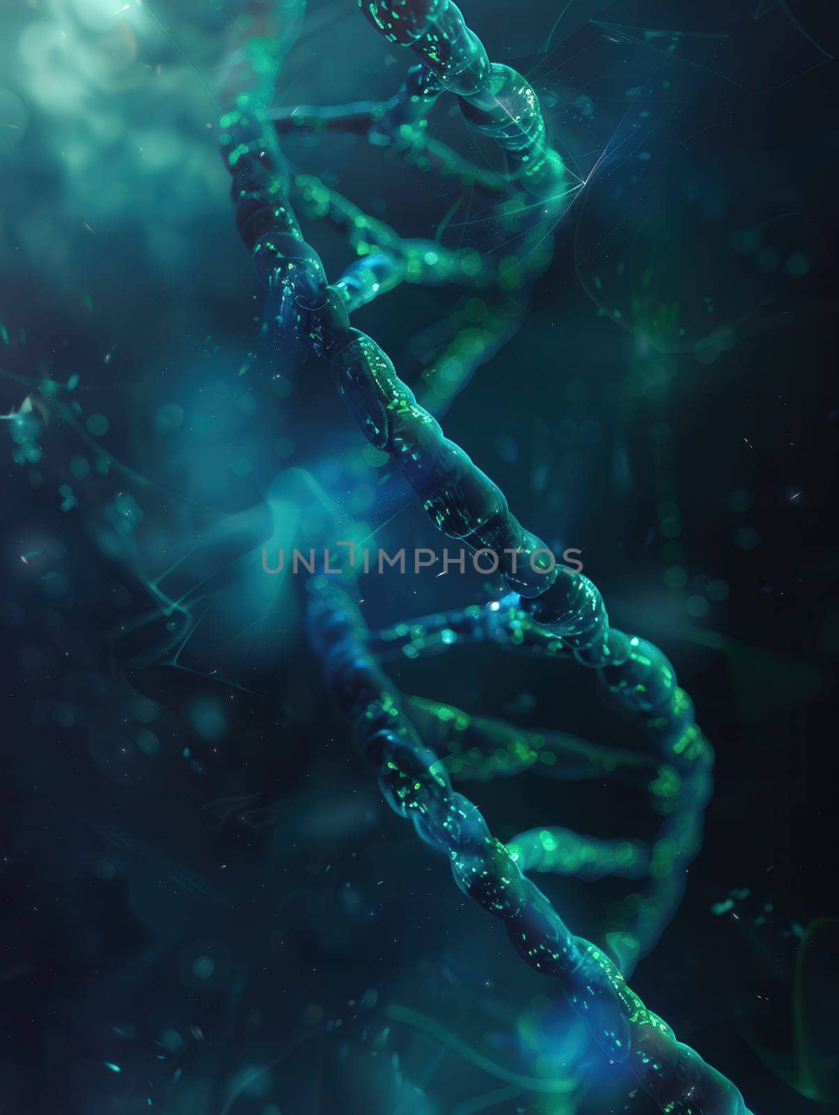 A dynamic abstract representation of a double helix DNA structure illuminated by soothing shades of blue and green.