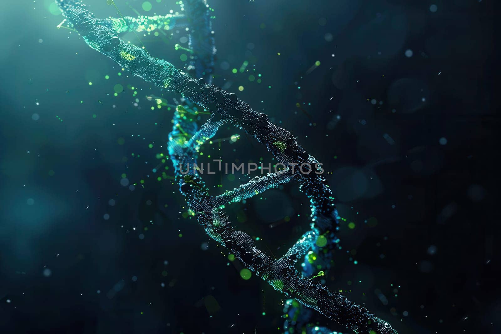 A dynamic double helix DNA structure brightly illuminated against a dark abstract background, showcasing glowing particles and ethereal colors.