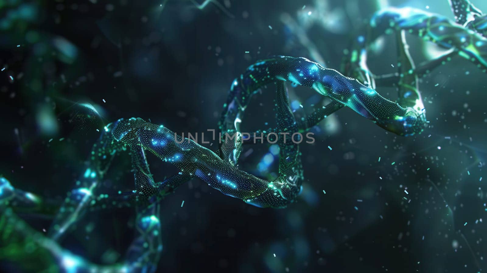 A vibrant double helix structure of DNA floats against an abstract background, showcasing intricate patterns and colors in a captivating visual representation.