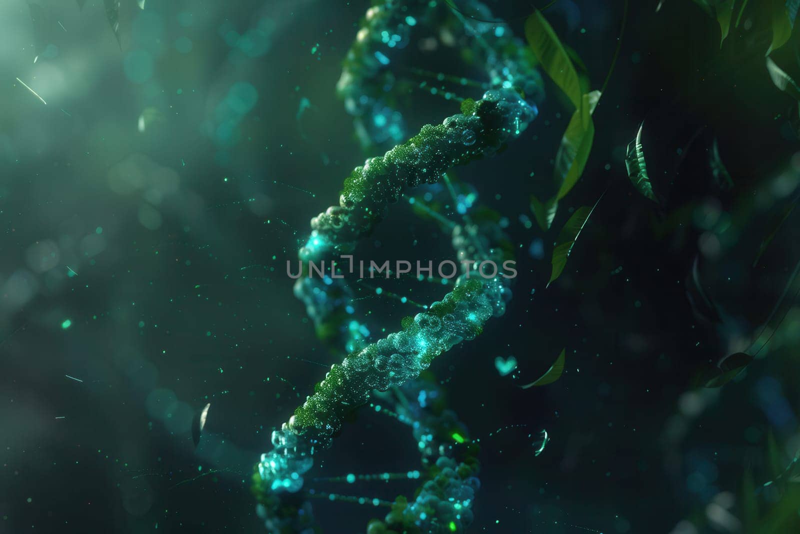 A vibrant double helix structure of DNA emerges against an abstract green backdrop, showcasing intricate details in a mesmerizing scientific representation.