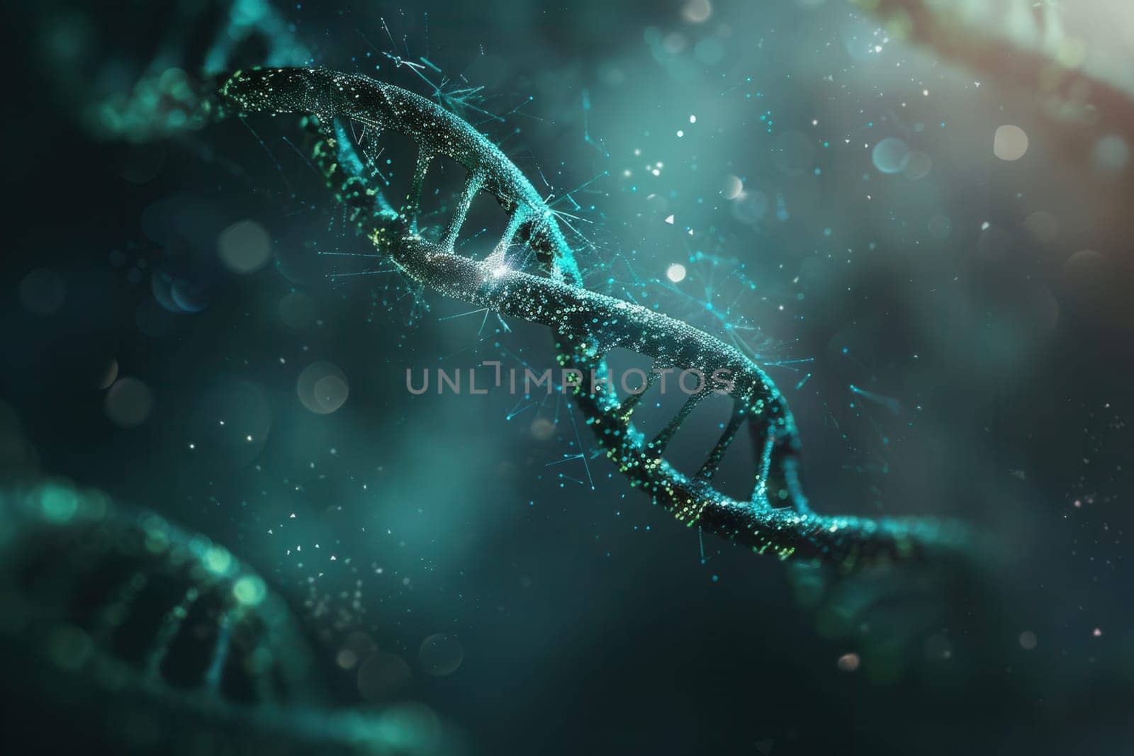 A captivating abstract background reveals a double helix DNA structure intertwined with elements of exploration and science.