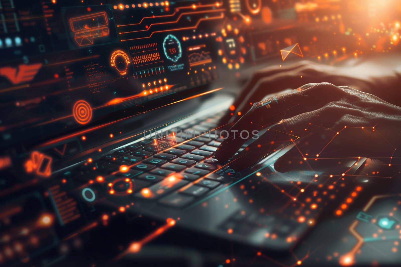 A hacker's hands rapidly type on a keyboard, surrounded by glowing digital symbols and codes, creating an atmosphere of high-tech activity.