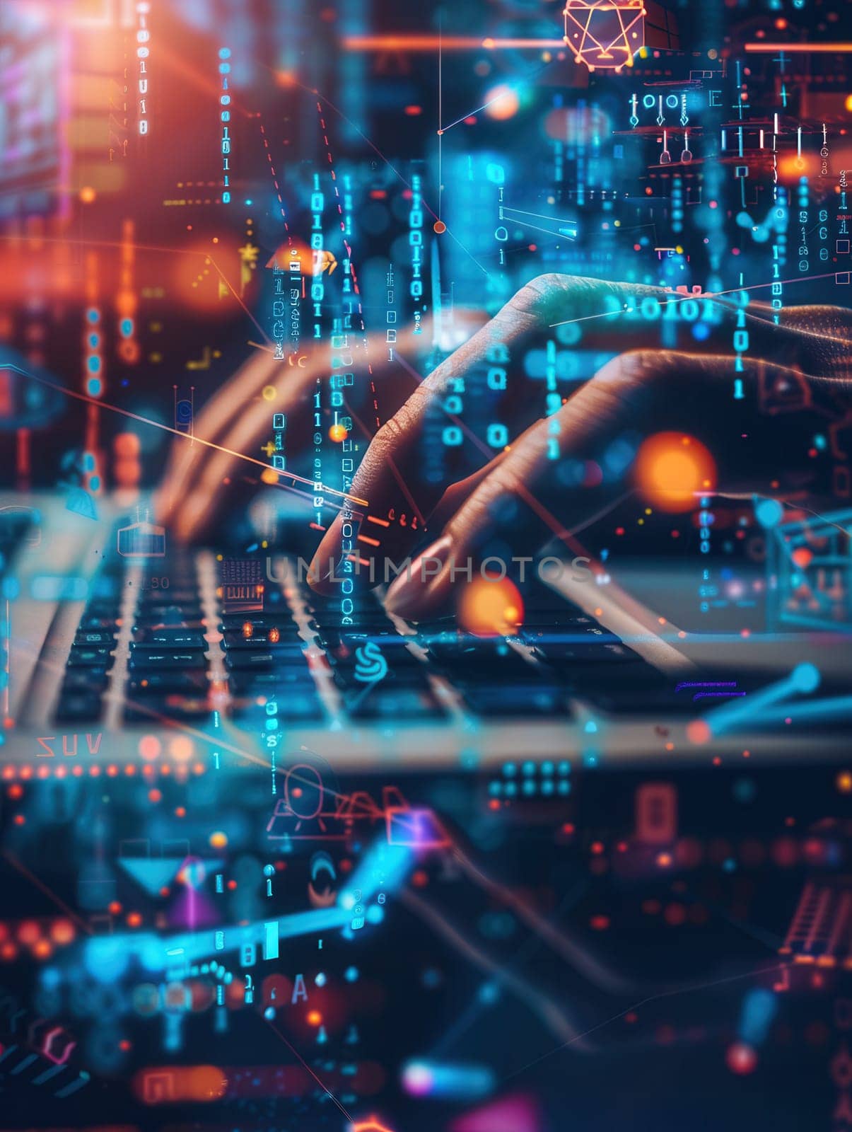 A hacker types rapidly on a keyboard, surrounded by floating digital codes and symbols, creating an atmosphere of intense cybersecurity activity.