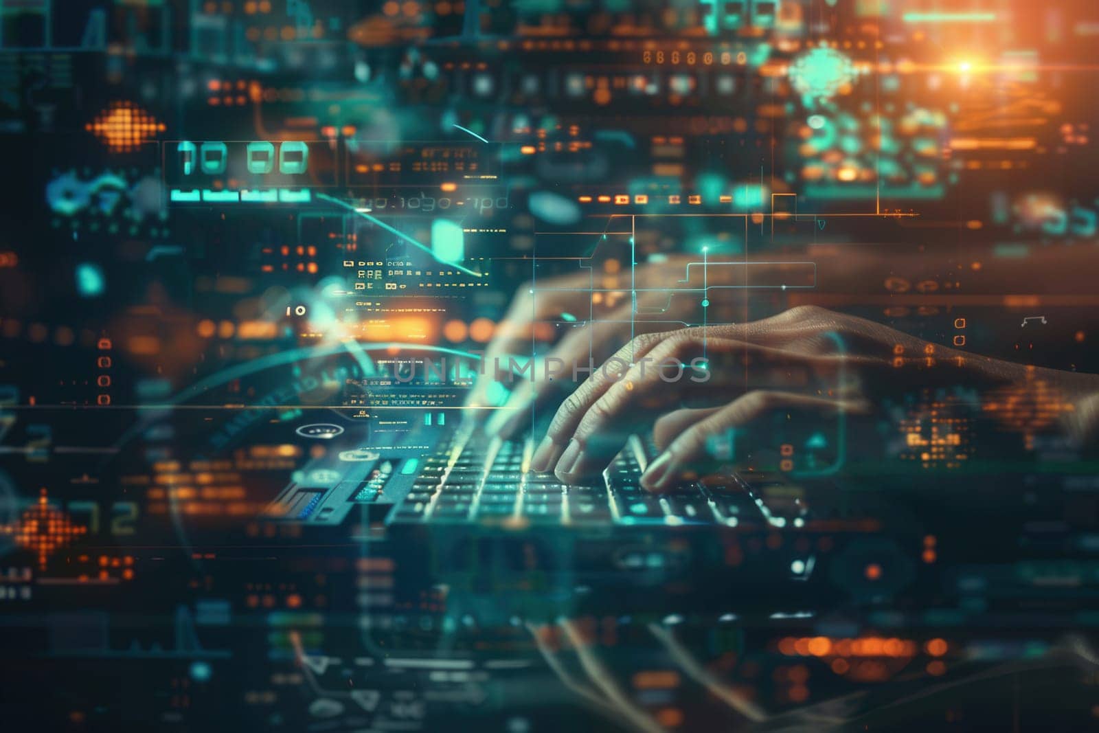 A pair of hands swiftly types on a keyboard, immersed in a world of floating digital symbols and intricate coding overlays.