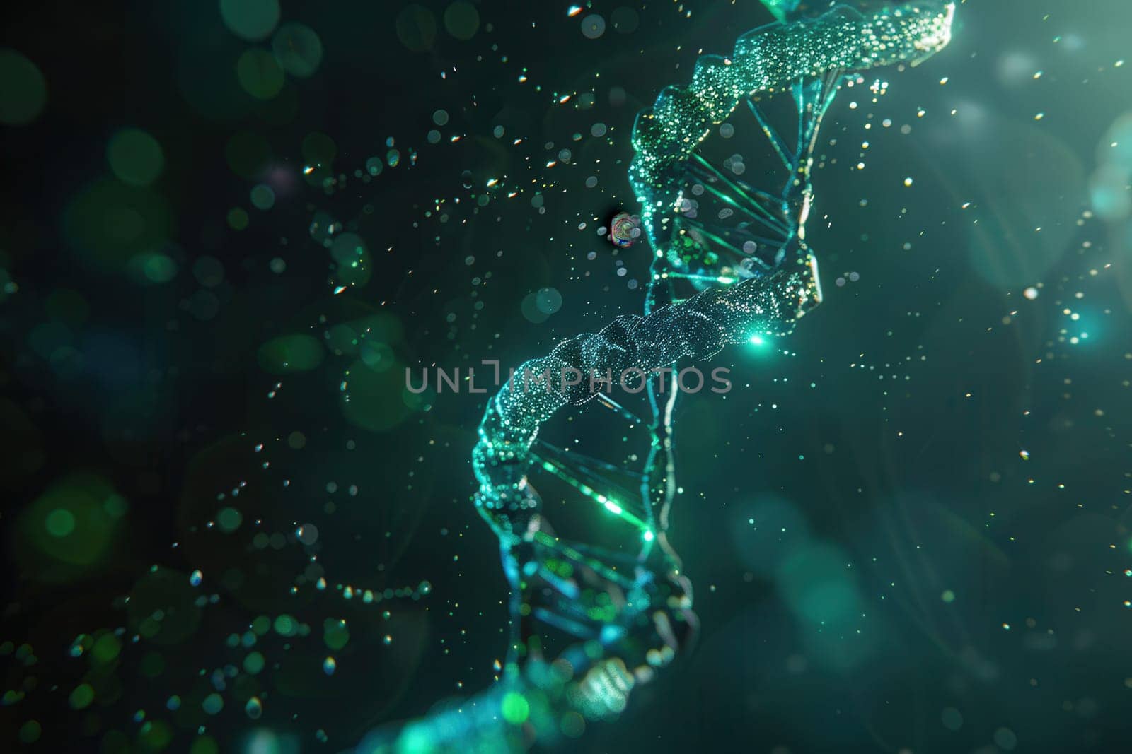 A captivating abstract representation of a double helix DNA structure glowing with light effects and intricate details, set against a dark background.