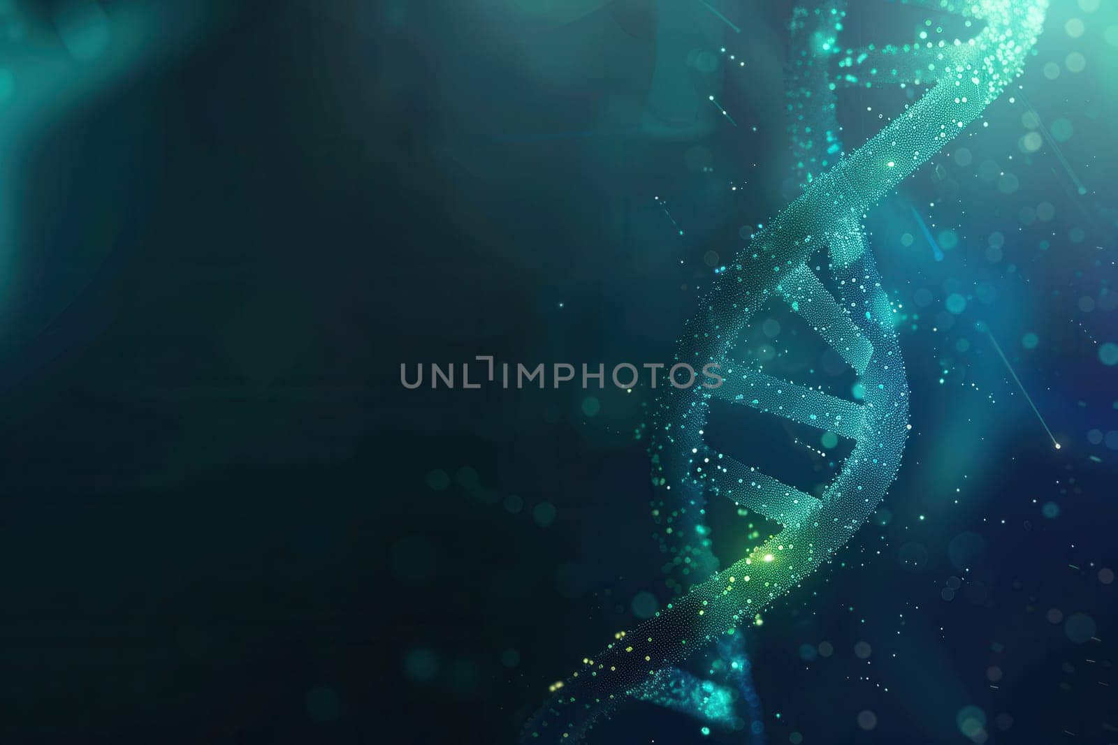 A mesmerizing abstract background showcases a shimmering double helix of DNA, illuminated with vibrant colors that evoke a sense of scientific intrigue.