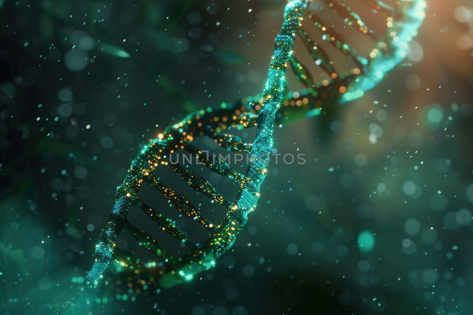 The vibrant depiction showcases a double helix DNA structure illuminated by soothing light in an abstract aquatic atmosphere, evoking a sense of wonder.