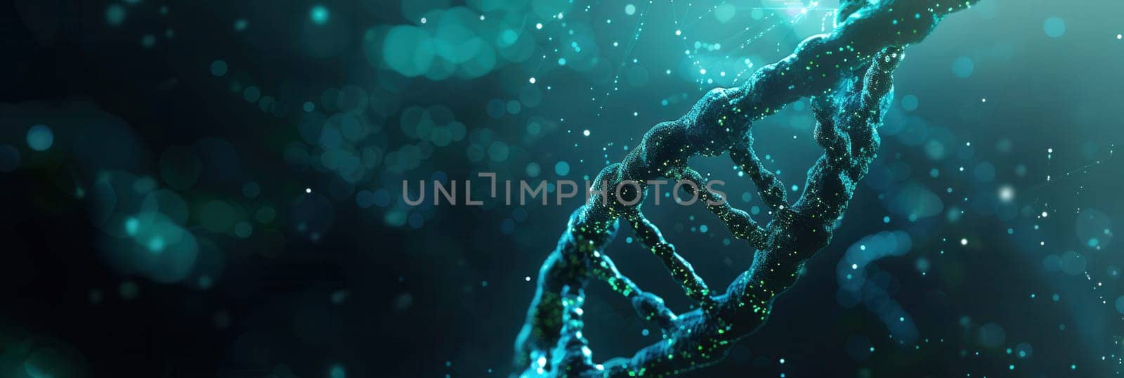 A vibrant double helix structure of DNA elegantly swirls in a luminous abstract environment filled with glowing particles.