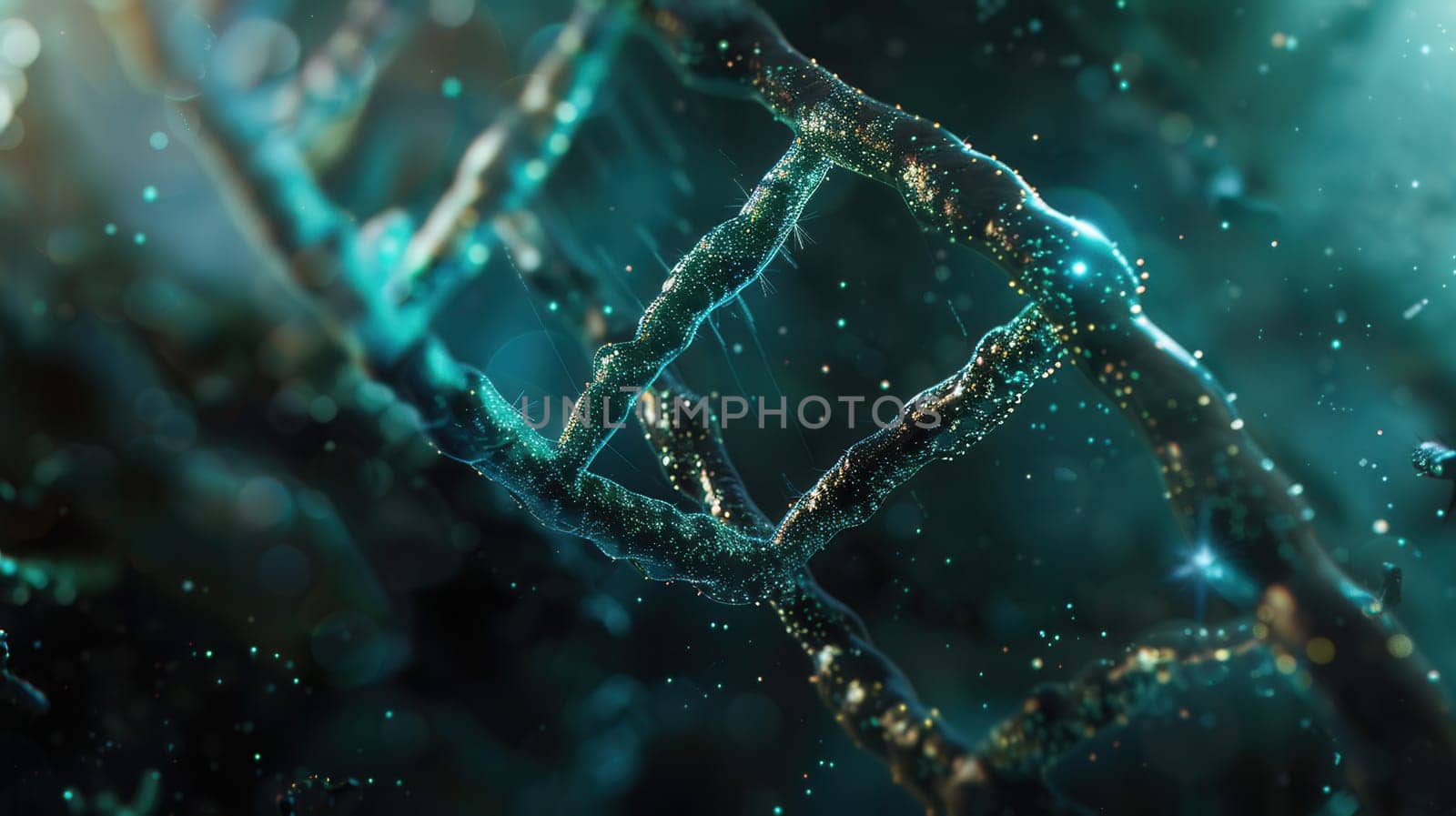This abstract background showcases a vibrant double helix DNA structure set against a cosmic backdrop filled with glowing elements.