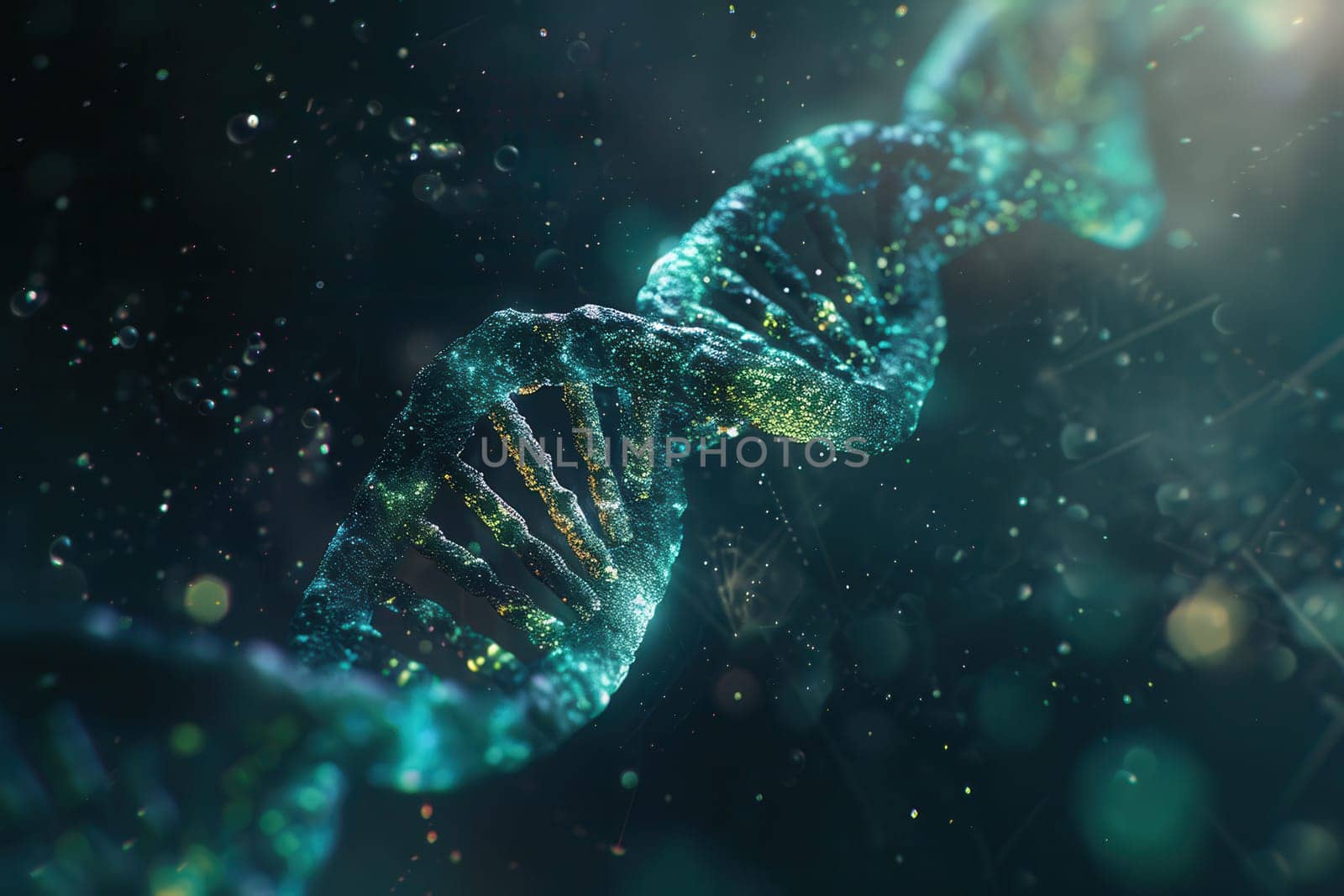 A vibrant double helix DNA structure spirals through a dark, abstract background filled with shimmering particles and a cosmic feel.
