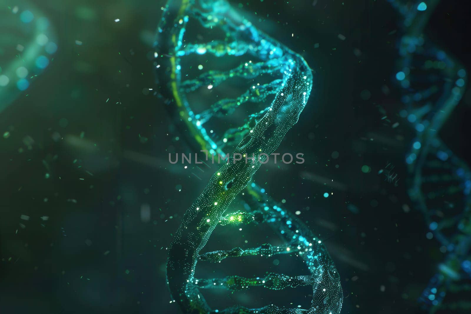 An abstract backdrop features a glowing double helix DNA structure, symbolizing genetic information and the essence of molecular biology research.