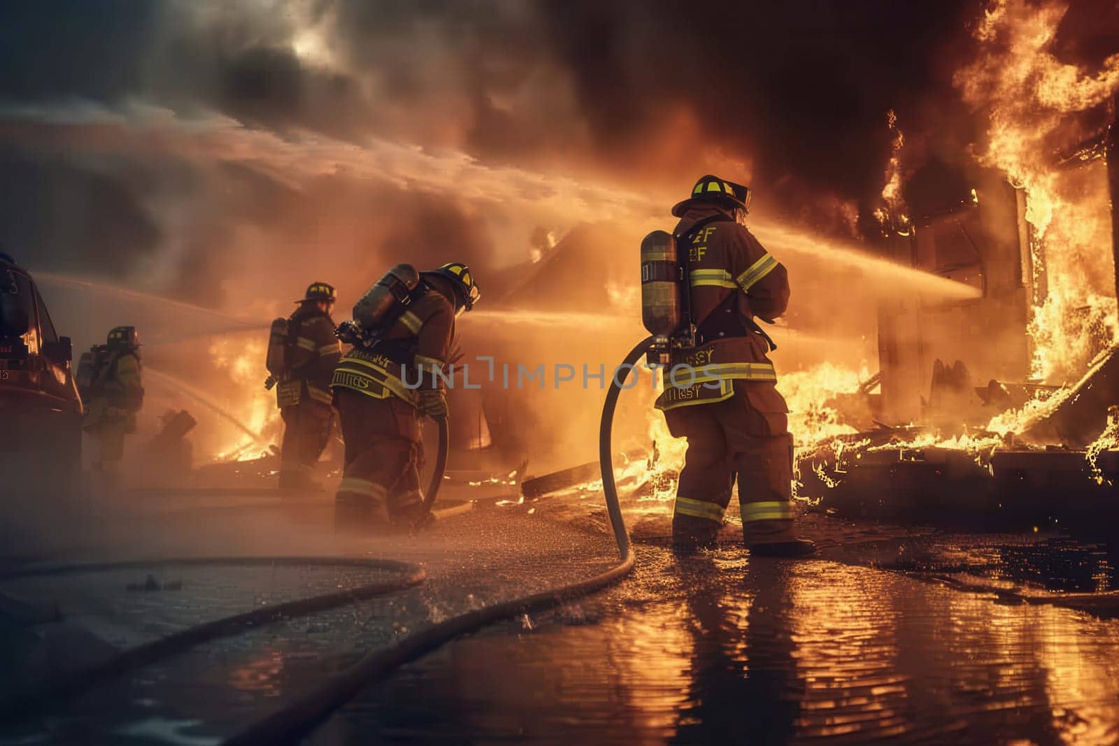 Firefighters are engaged in a fierce battle against flames consuming a multi-story building, with water hoses spraying to control the blaze.