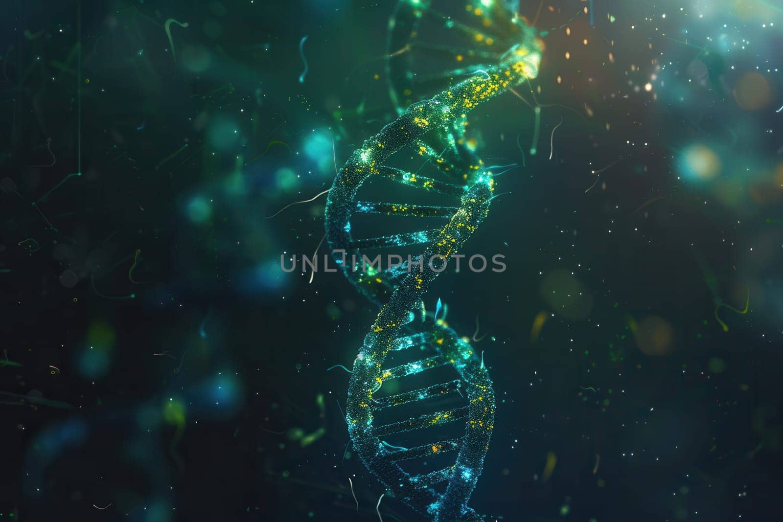 Colorful double helix DNA structure gracefully twists against an abstract backdrop, showcasing the beauty of genetic design with sparkling effects.