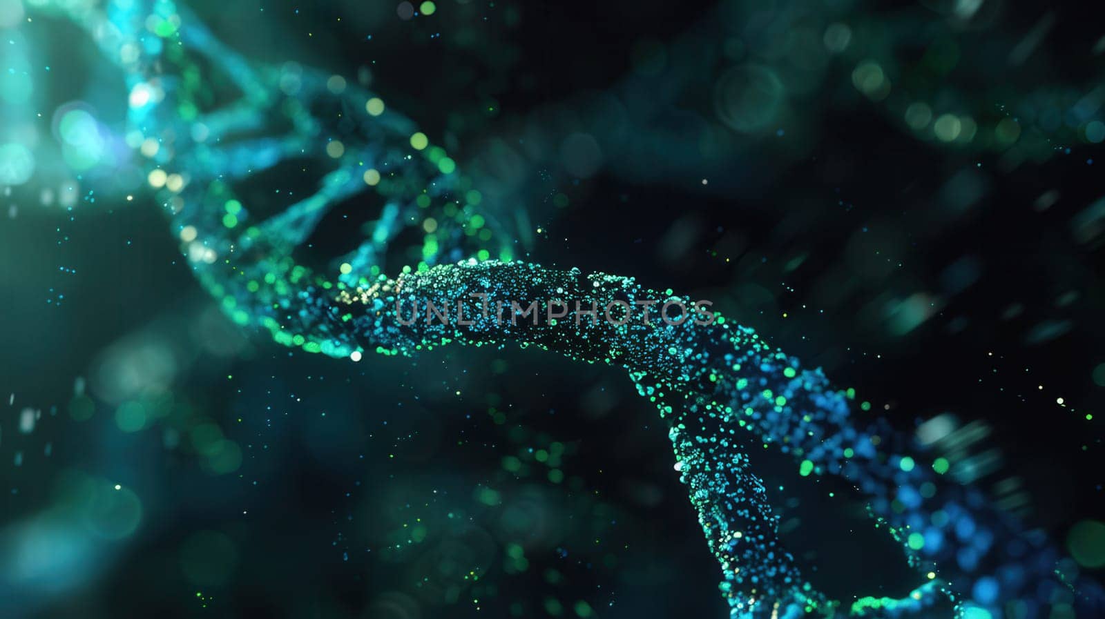 A vibrant double helix structure of DNA floats in an abstract, luminous background filled with shimmering particles and intricate colors.