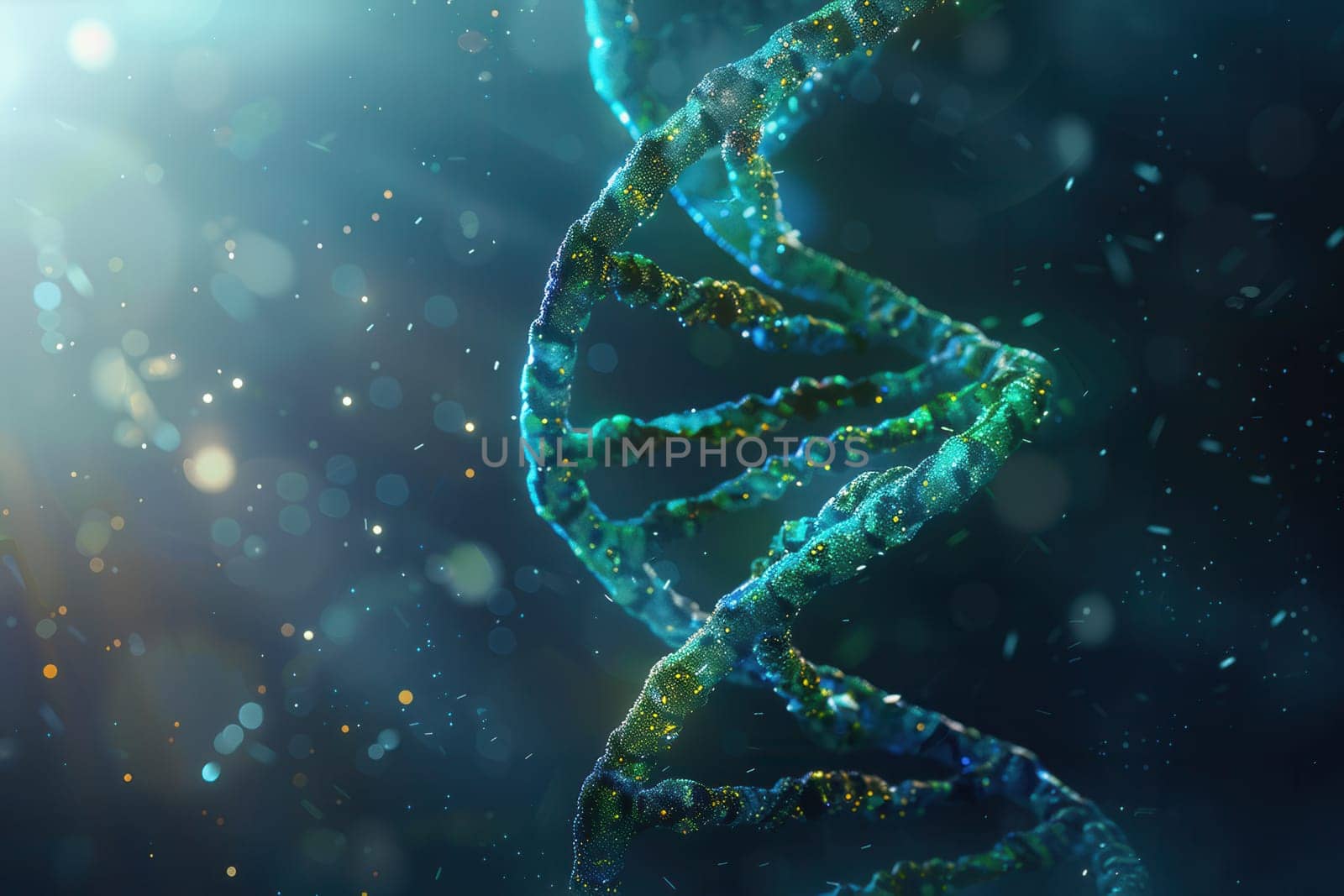 A captivating double helix of DNA is illustrated against an abstract, colorful backdrop, enhanced by dynamic light effects and floating particles.