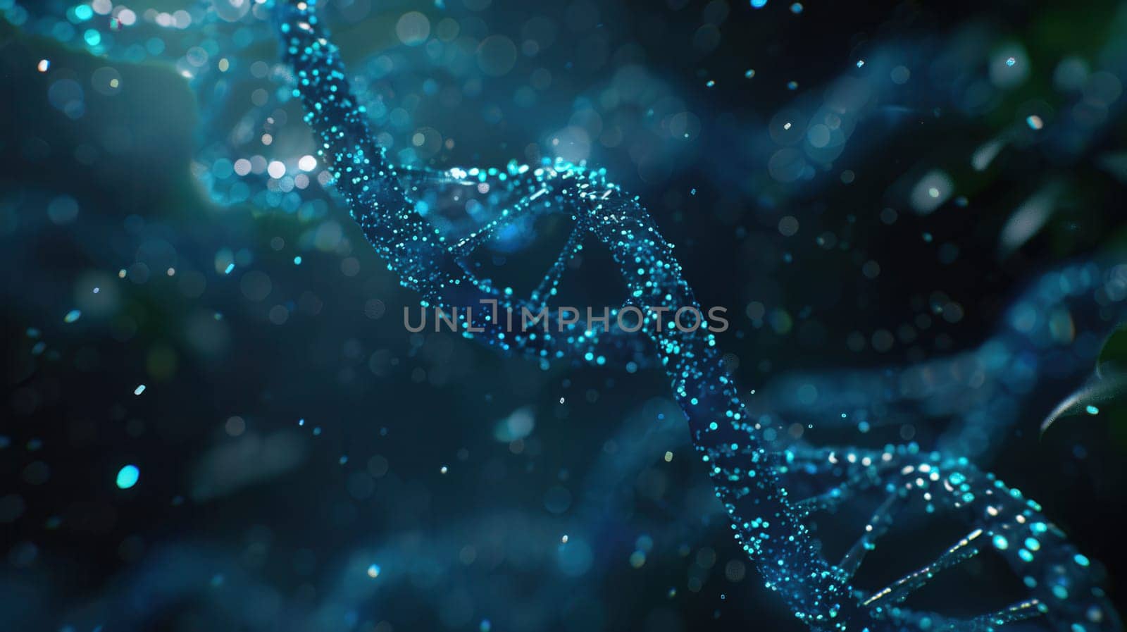 A luminous double helix structure of DNA shimmers against an abstract dark background, creating a sense of depth and intrigue.