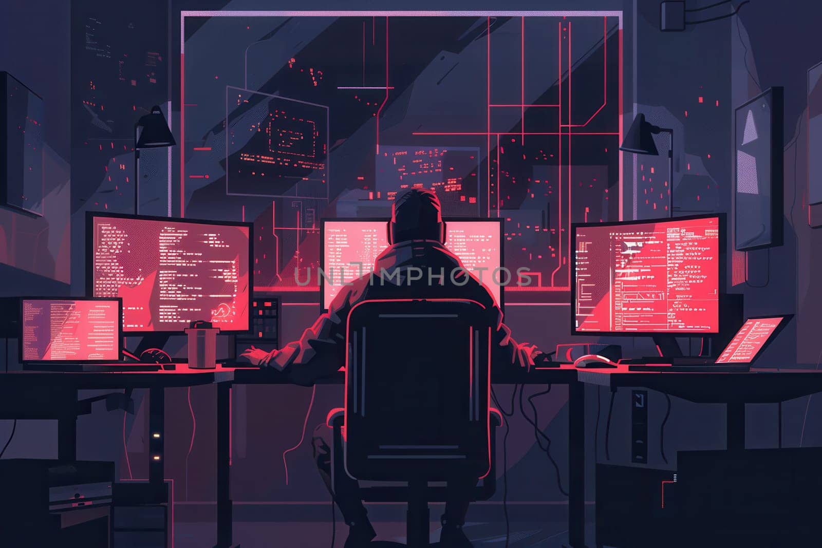 A hacker concentrates on complex tasks at a desk illuminated by glowing screens, shrouded in a dimly lit atmosphere of a night workspace.