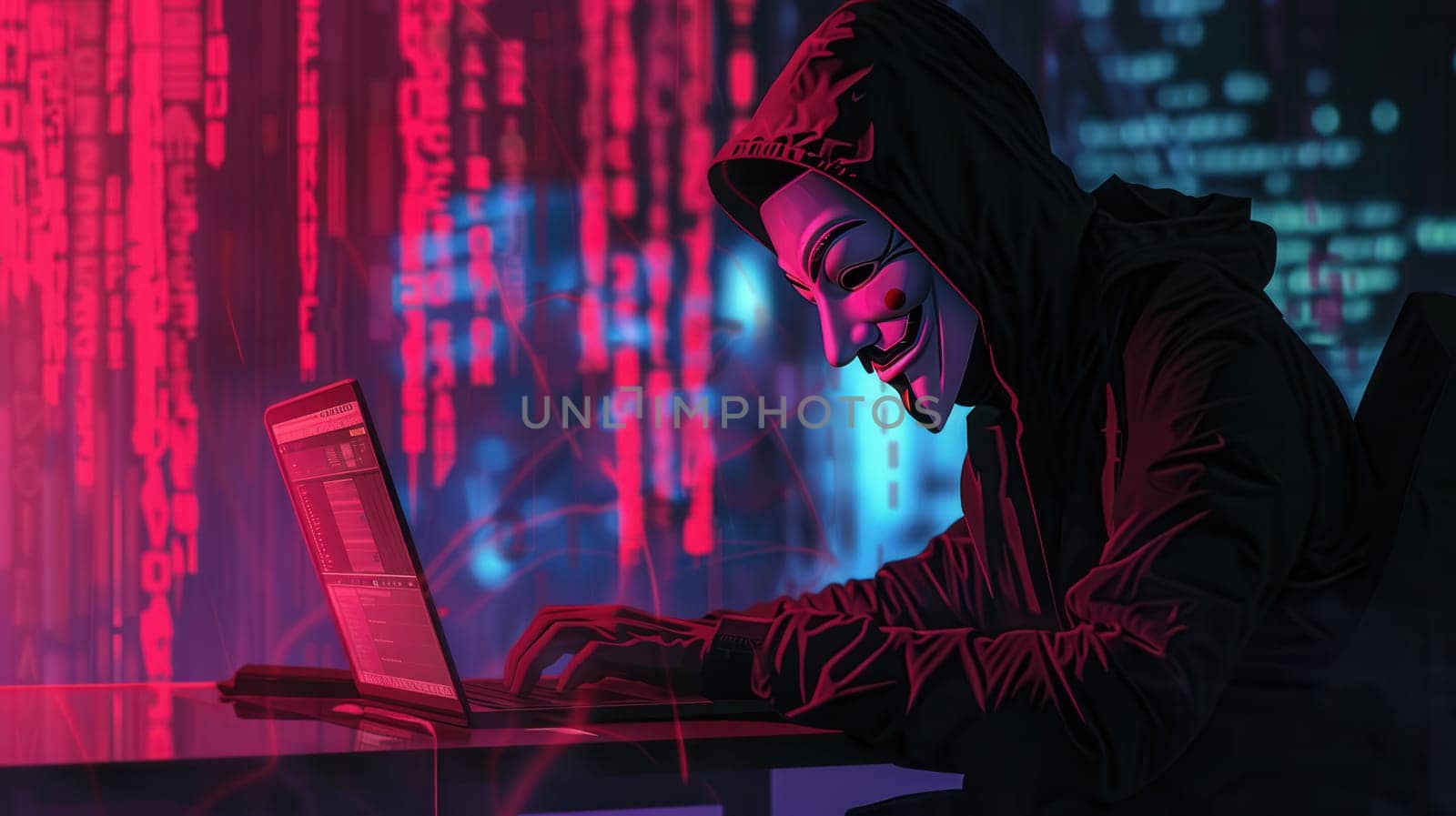 A hooded figure types rapidly on a laptop, illuminated by red and blue lights in a dark environment filled with digital code.