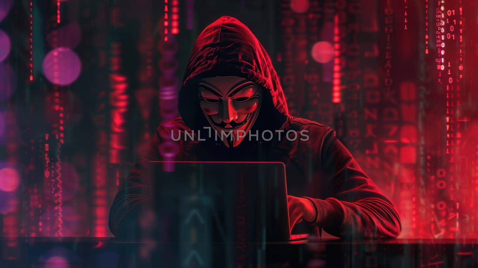 A cloaked figure intensely types on a laptop, enveloped in a vibrant red digital environment filled with code.