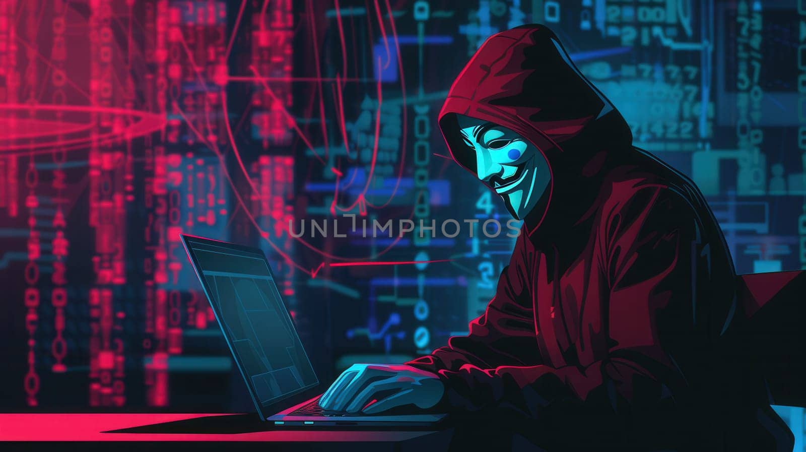 A masked hacker intensely types on a laptop, immersed in a colorful digital realm filled with code and complex designs, showcasing cyber activities.