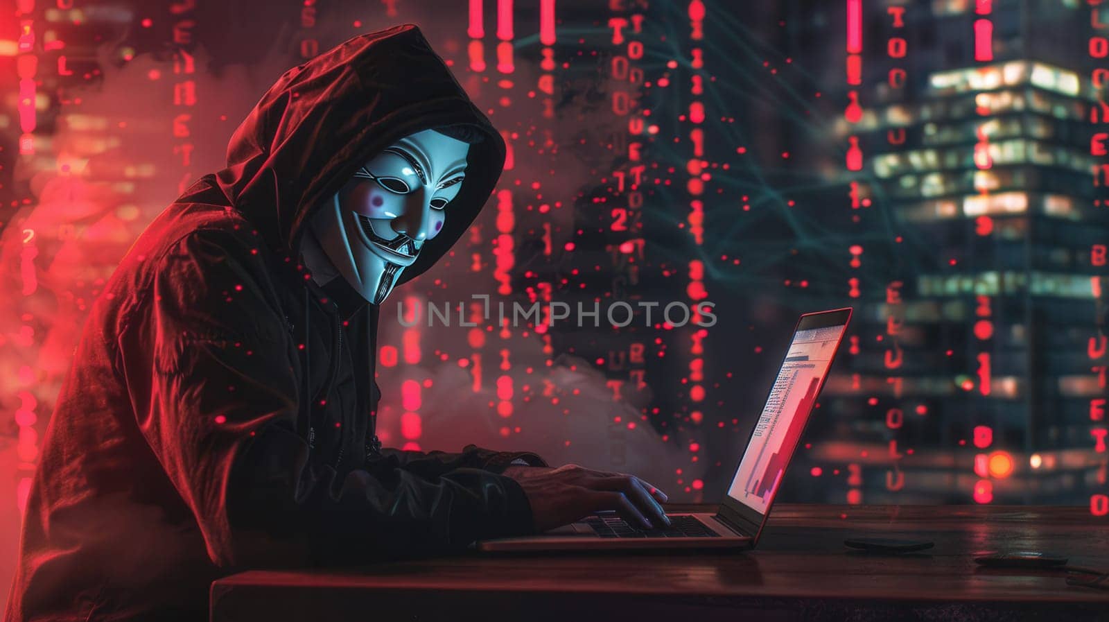 A masked hacker sits focused on a laptop, illuminated by glowing digital code, creating an atmosphere of intrigue and cyber activity.