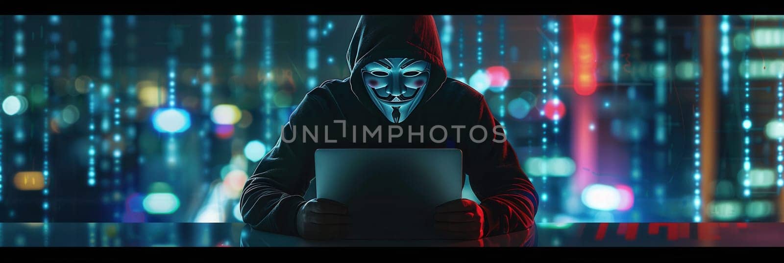 A hooded individual is focused on a laptop, illuminated by digital displays in a bustling city at night.