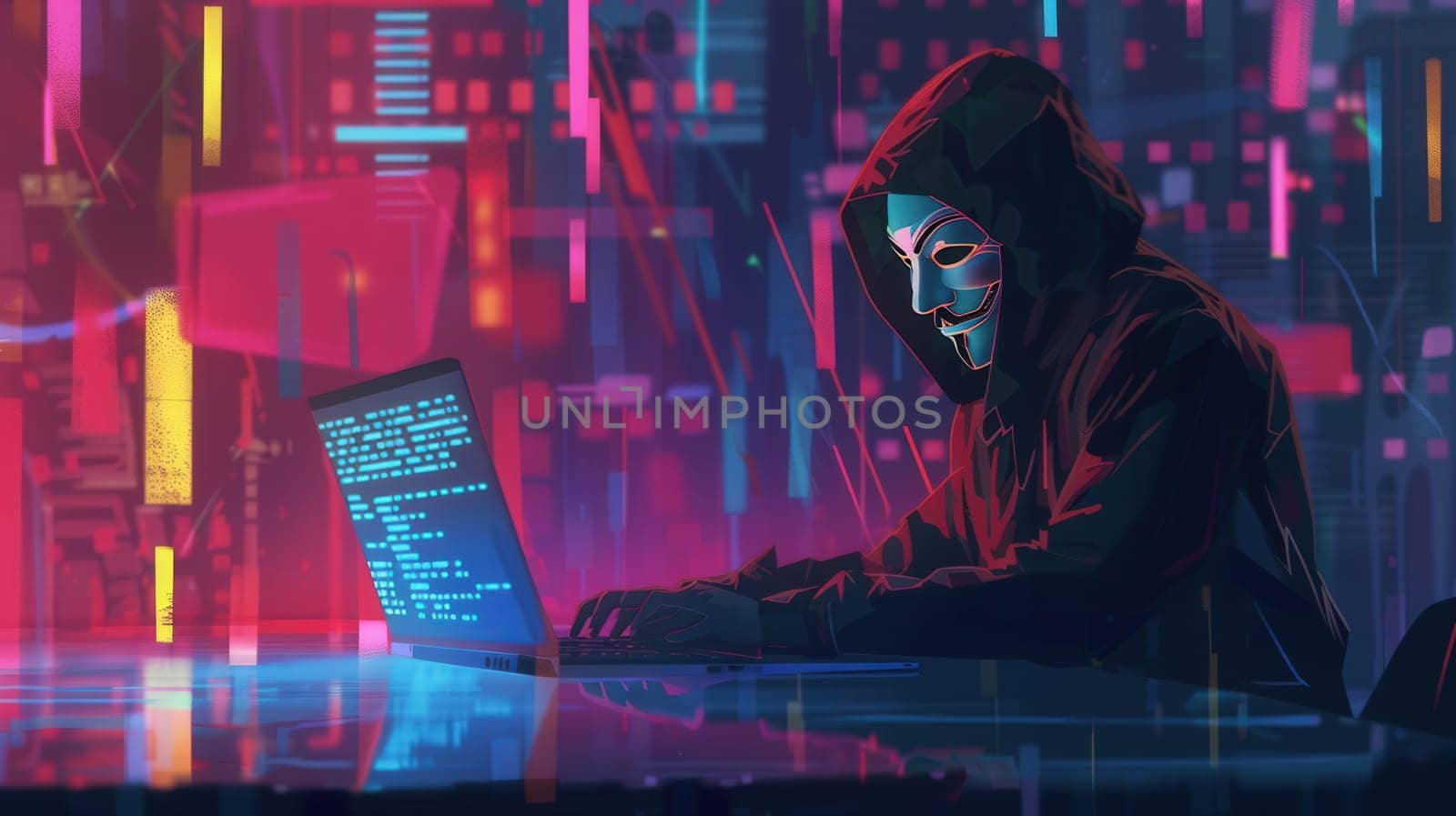 A hooded figure intently types on a laptop, surrounded by vibrant neon lights in a dark urban landscape.