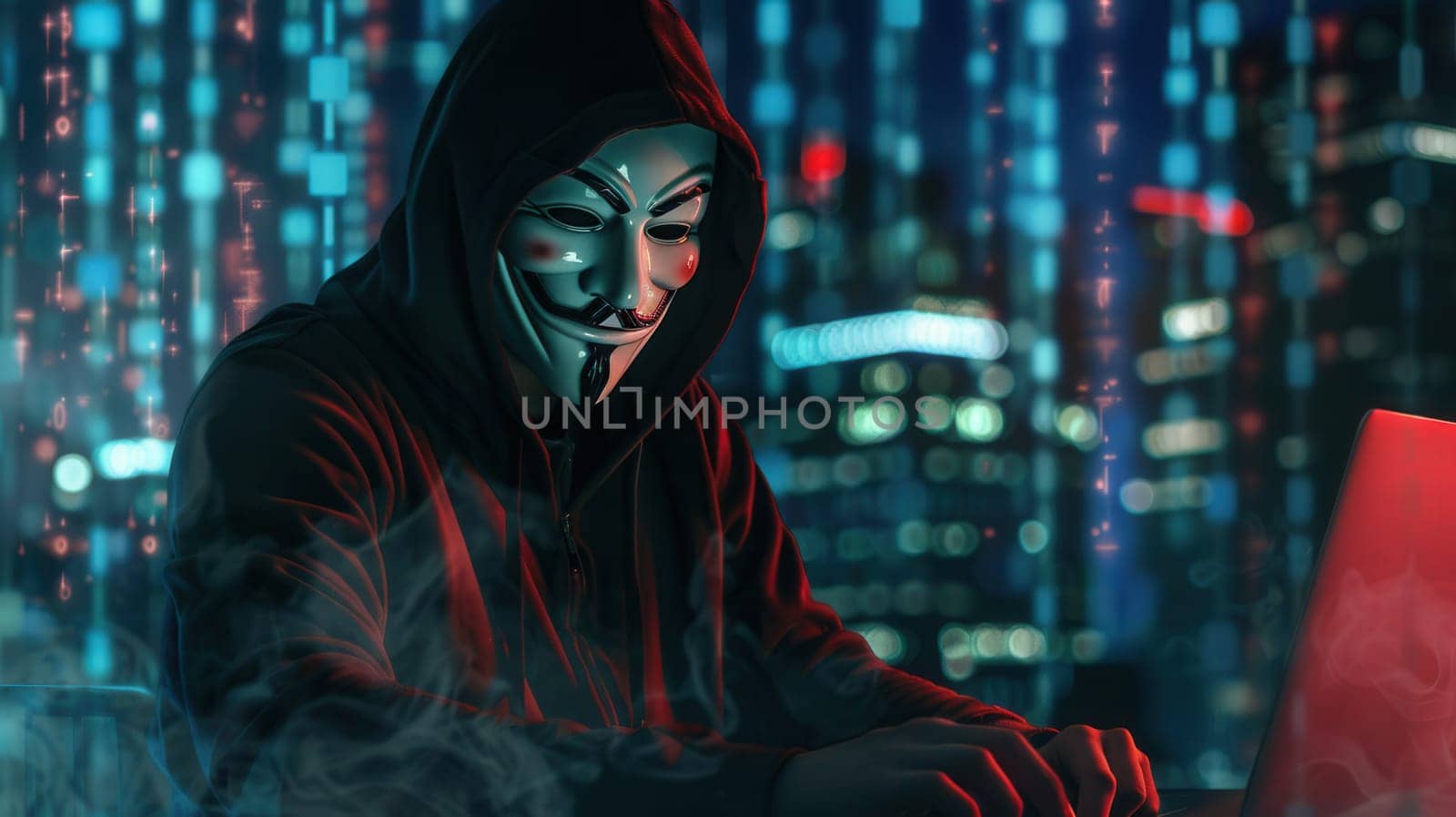 A hooded figure types on a laptop in a dark environment, surrounded by glowing city lights and digital codes, focusing intently on their task.