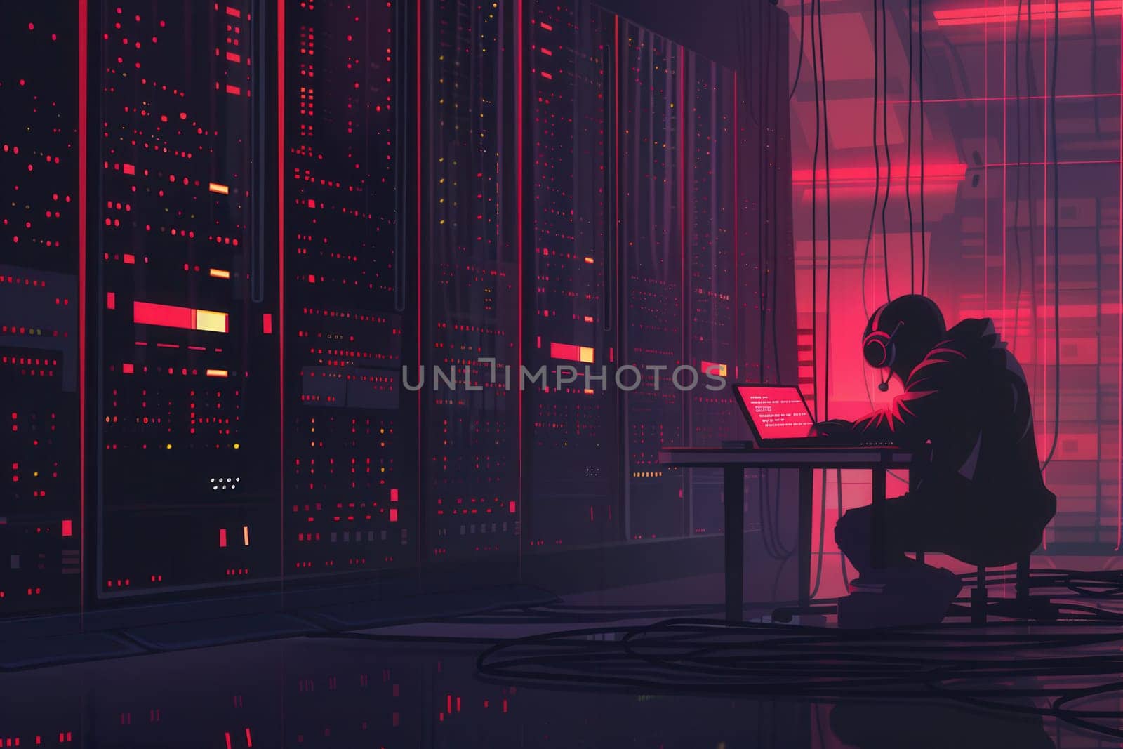 A hacker focuses intently on a laptop in a dark server room filled with flickering lights and tangled cables during the late-night hours.