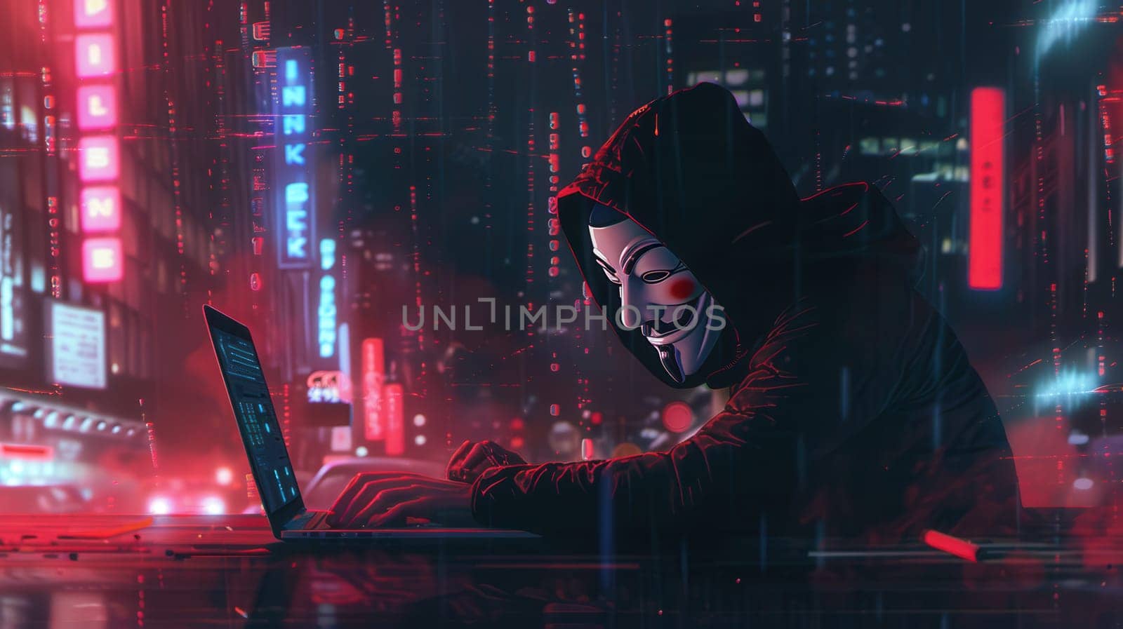 A hacker works intently on a laptop in a neon-lit urban environment, cloaked in shadows and illuminated by vibrant colors.