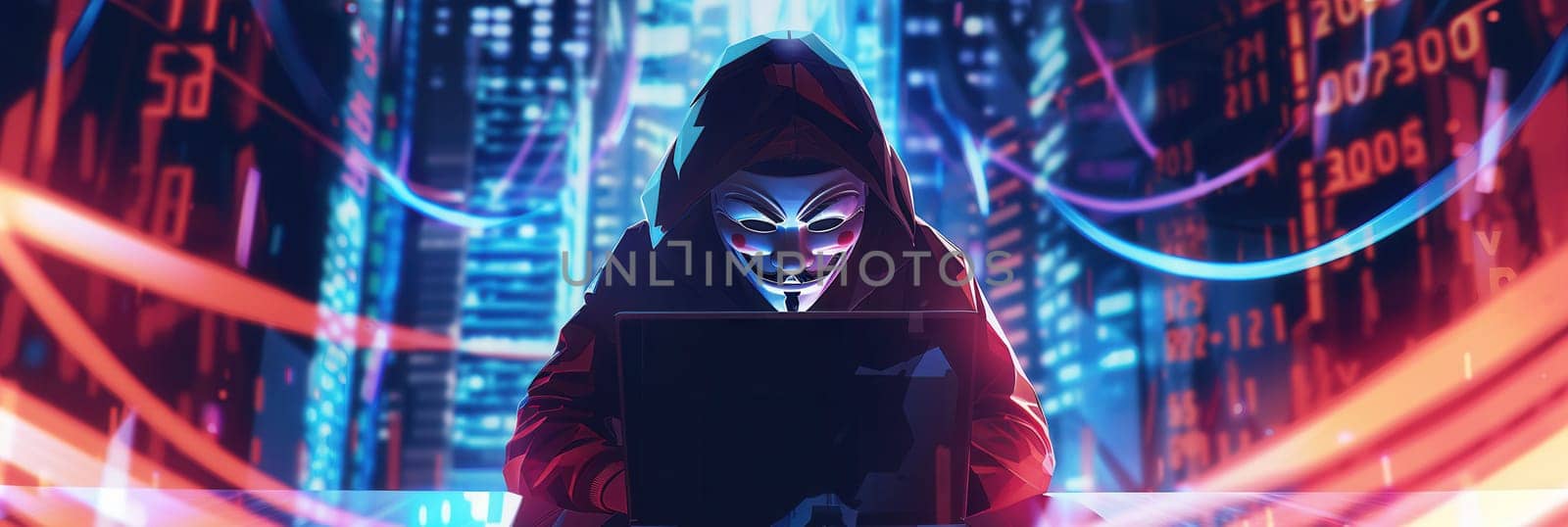 A shadowy figure dons a mask while intensely working on a laptop, surrounded by glowing data displays in a vibrant city at twilight.