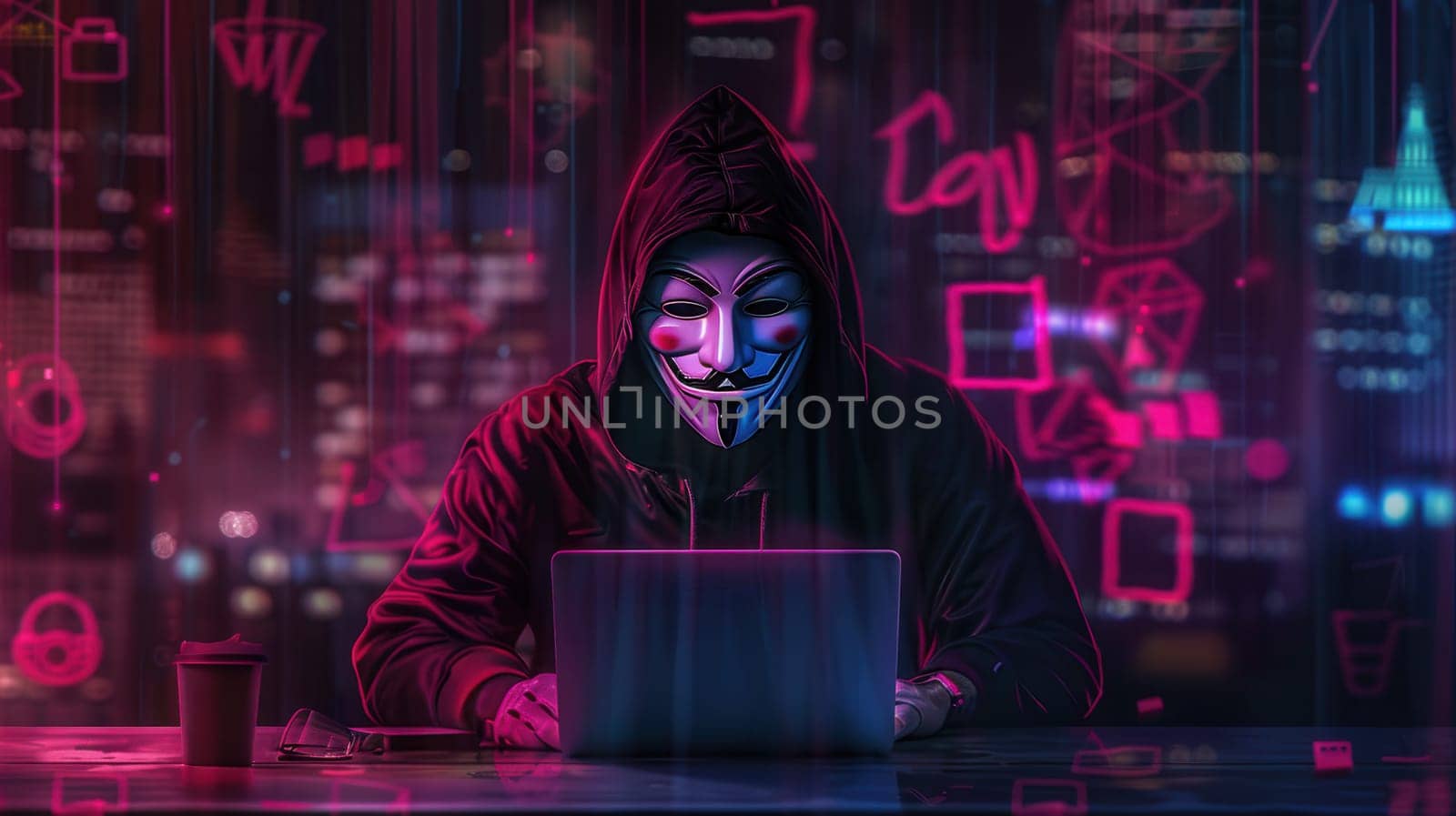 A hooded figure engages in hacking activities late at night, illuminated by neon lights in a bustling city backdrop.