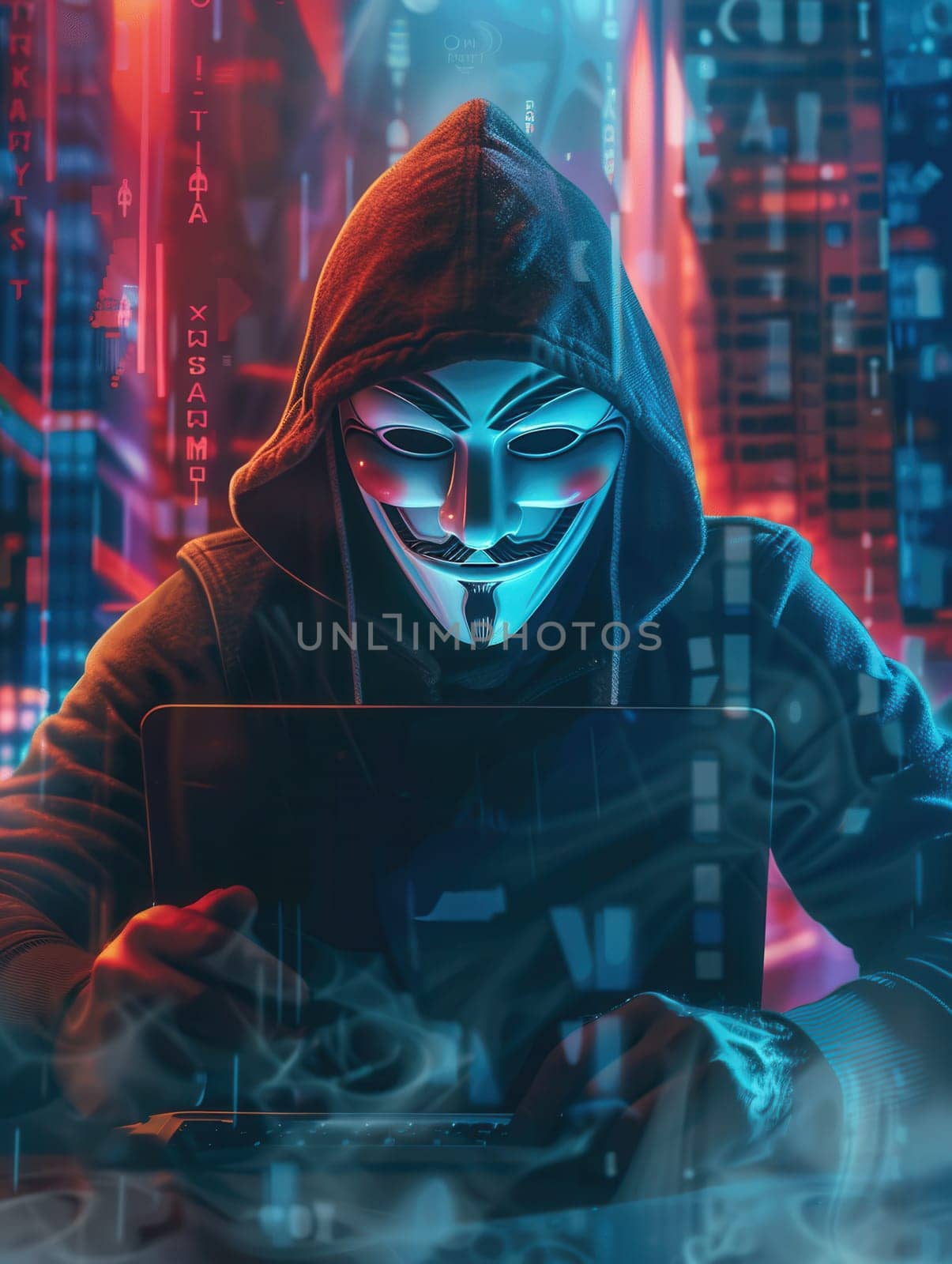 A cloaked figure intently operates a laptop, surrounded by luminous digital displays in a shadowy cyber space.