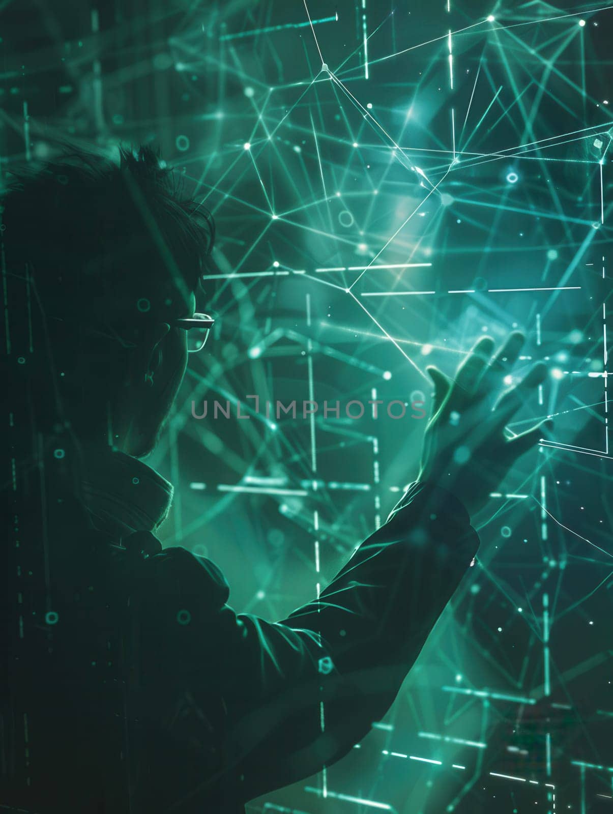 A hacker interacts with glowing data visualizations, immersed in a complex digital landscape filled with neon colors.