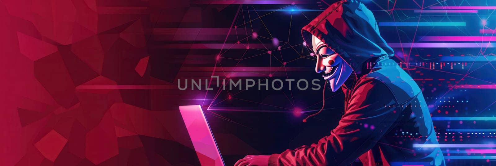 A hacker works intently on a laptop while wearing a mask, surrounded by colorful digital displays in a darkened environment.