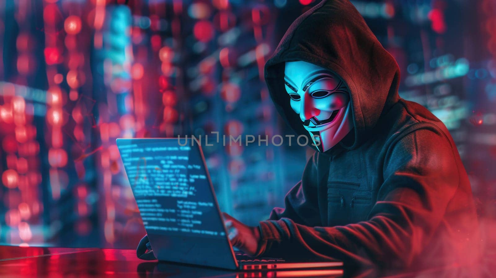 A person wearing a mask types intensely on a laptop, surrounded by colorful digital effects in a dark environment.