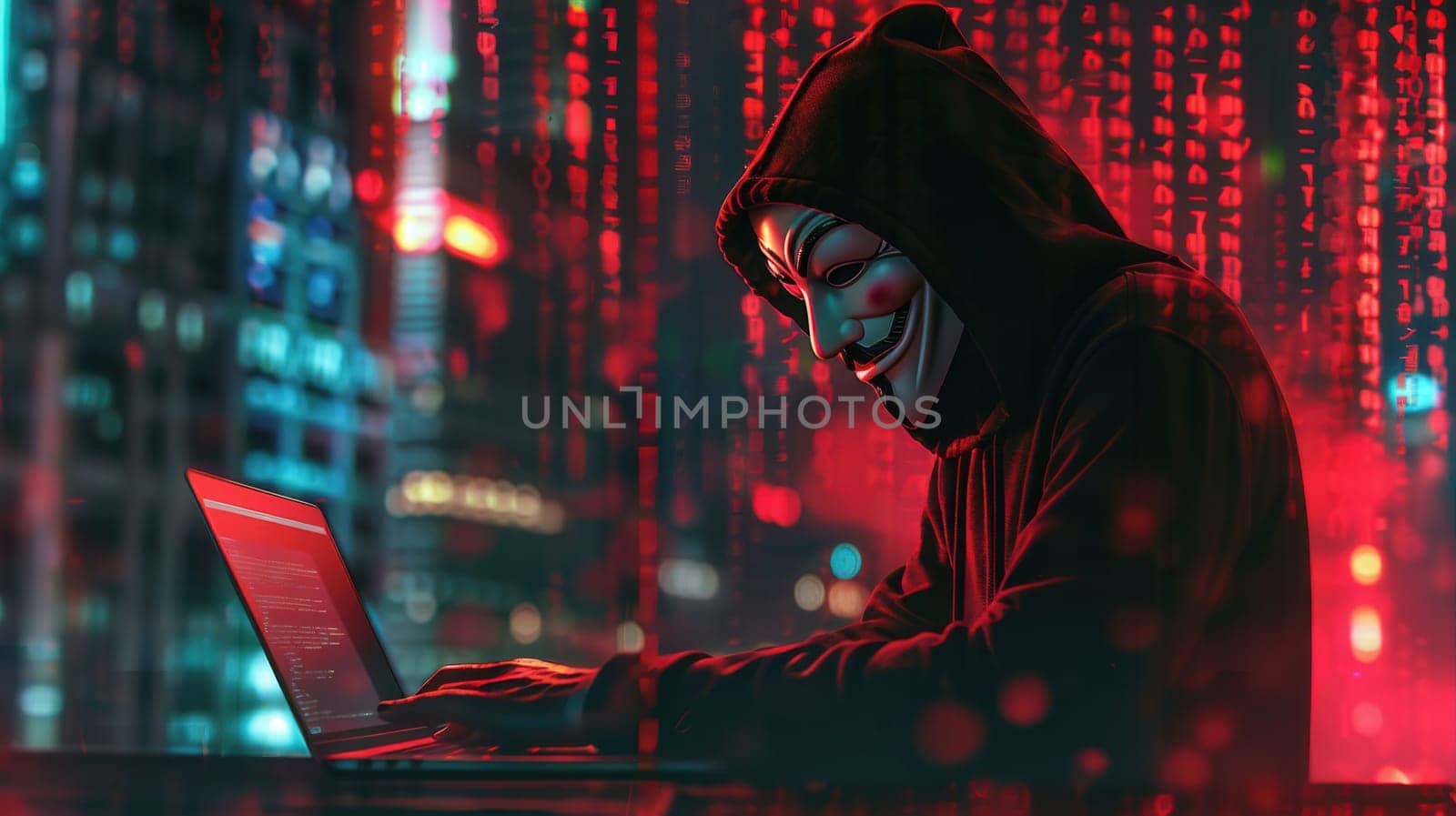 A hacker wears a mask and hoodie while typing on a laptop surrounded by glowing city lights, capturing the essence of a digital underworld at night.